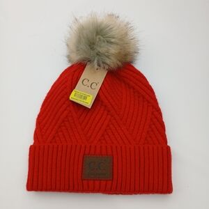 C.C Red Knit Beanie with Faux Fur Pom